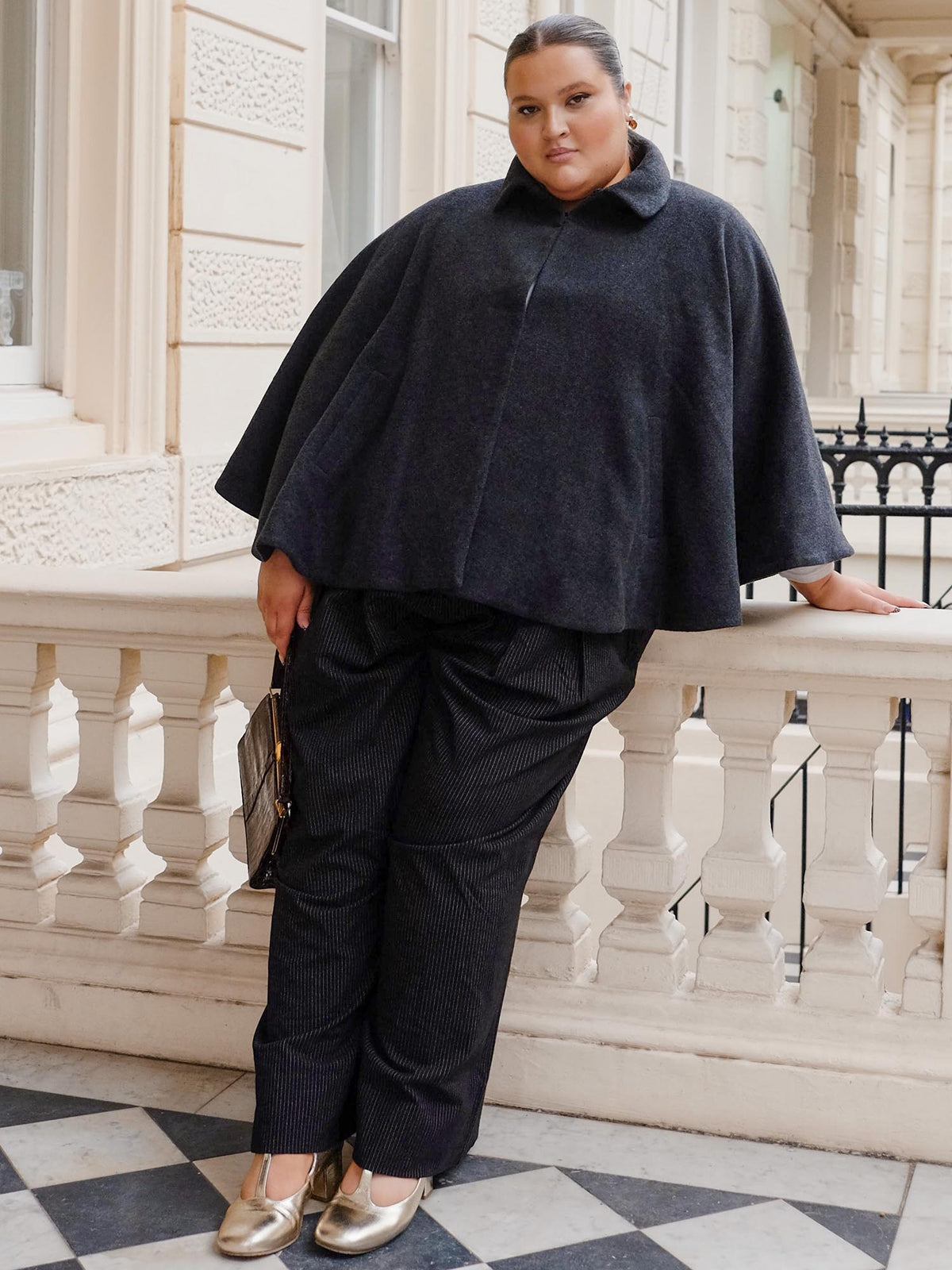 Wool Collared Cape - Charcoal