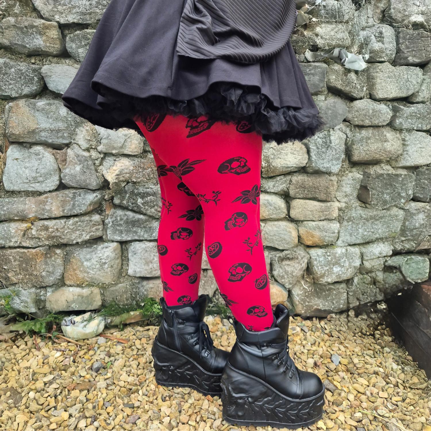 80 Denier Opaque Tights - Danu Skull Flower - Blood Red