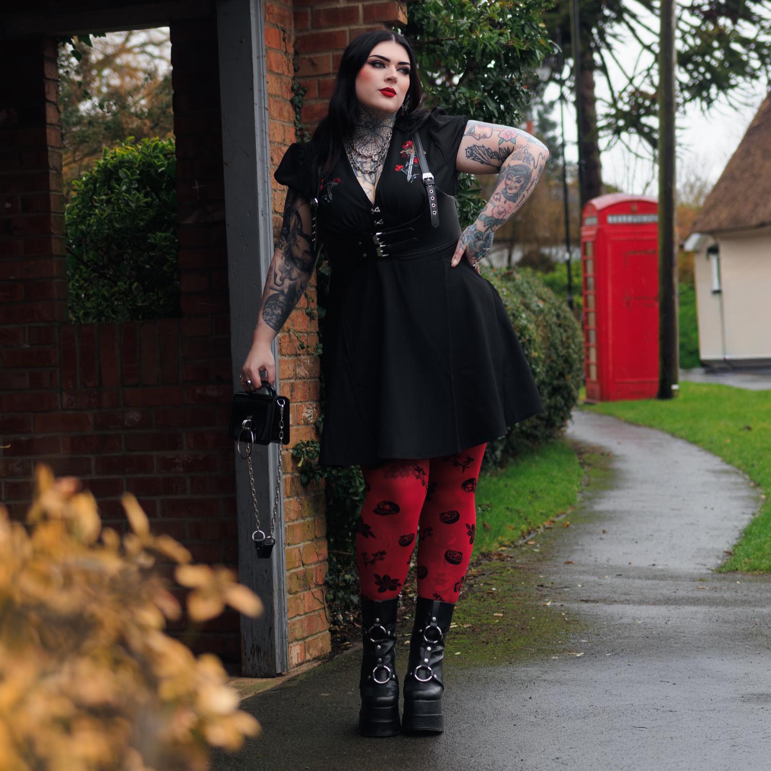 80 Denier Opaque Tights - Danu Skull Flower - Blood Red