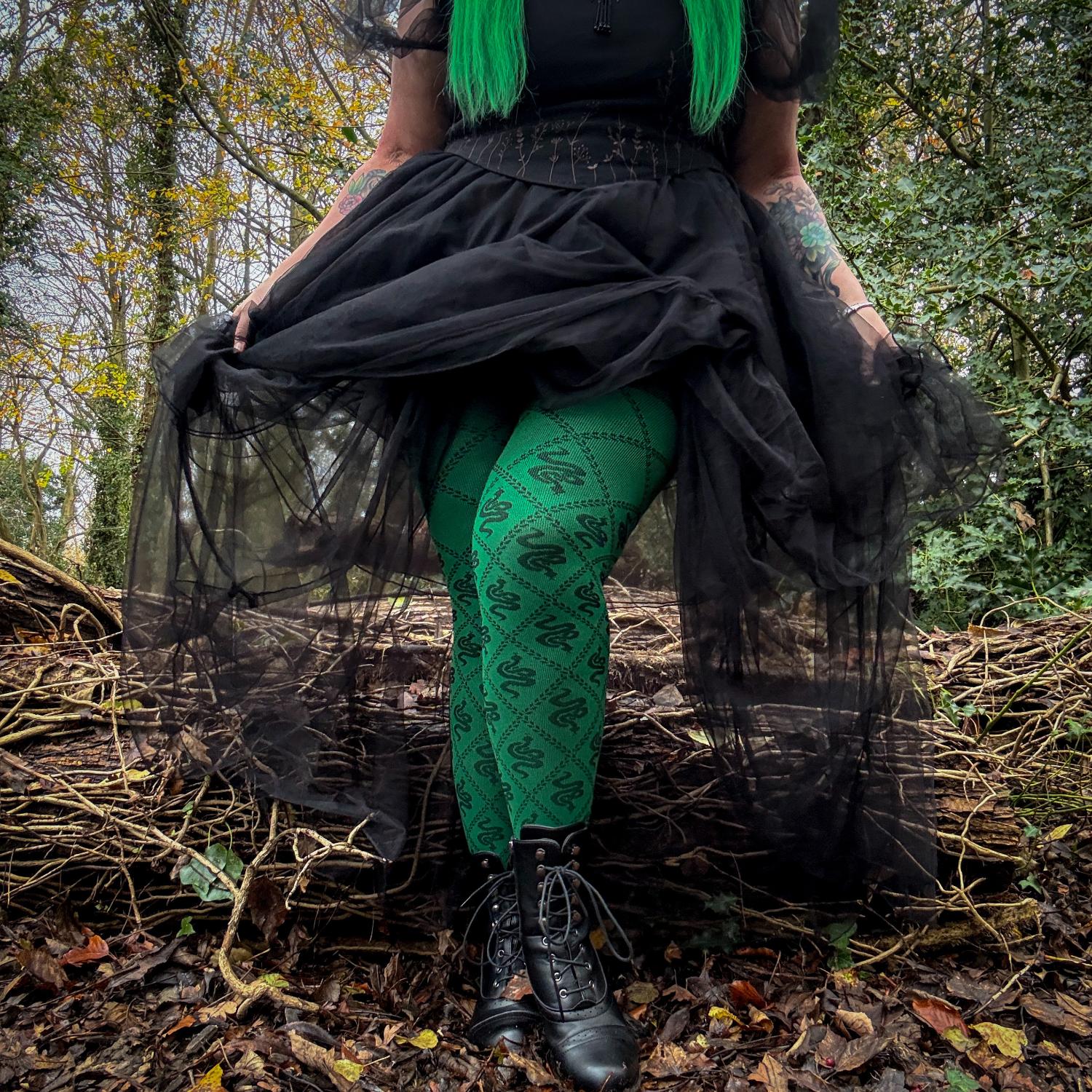 80 Denier Opaque Tights - Corra Snakes - Foliage Green