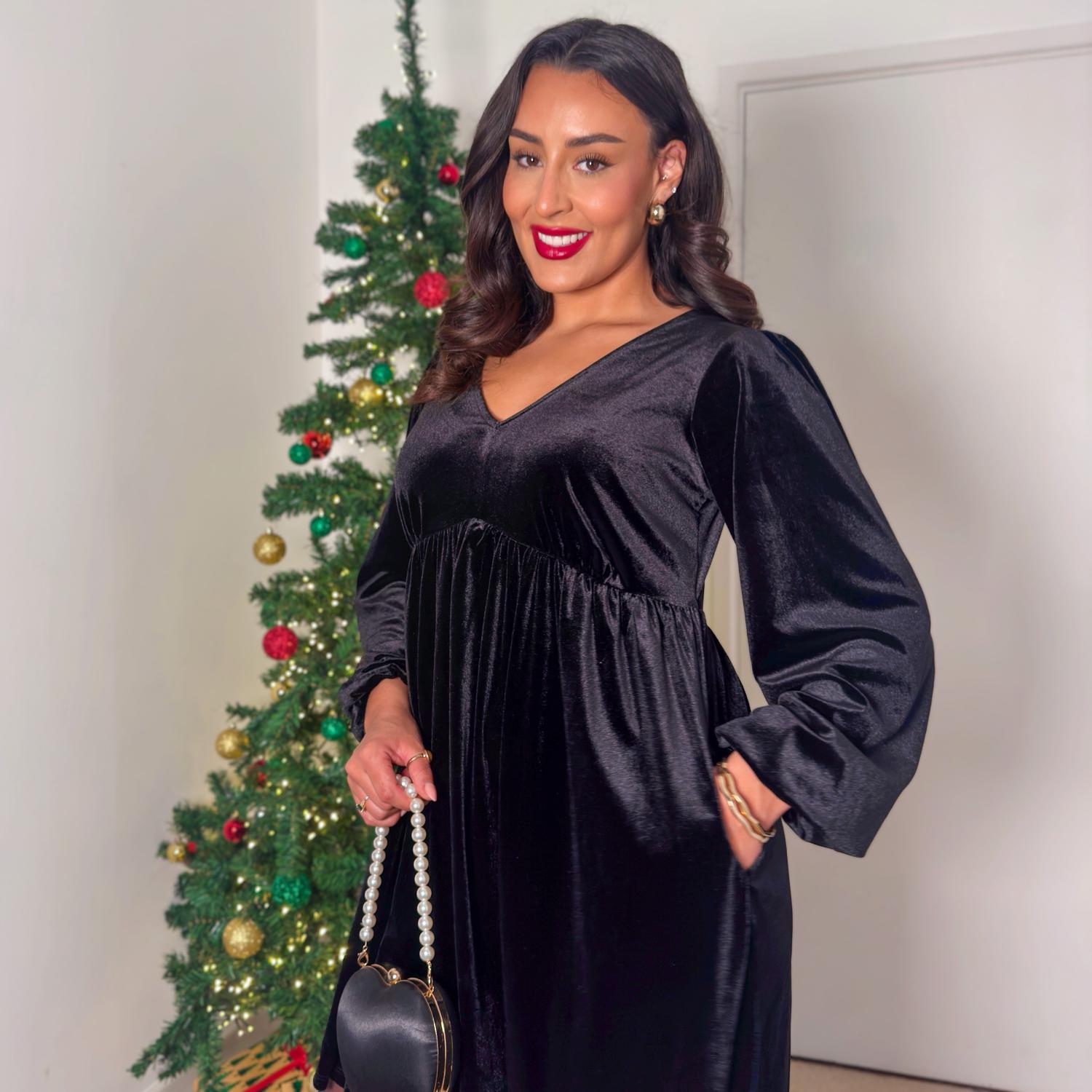 Velvet Baby Doll Dress - Black