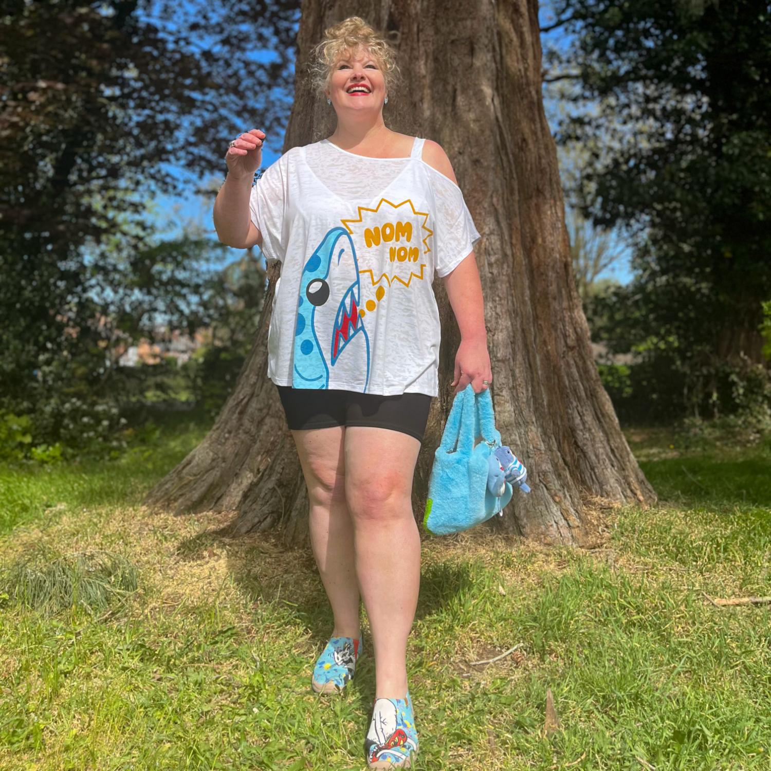 Debbie Off-Shoulder Tee - NOM-NOM Shark Print