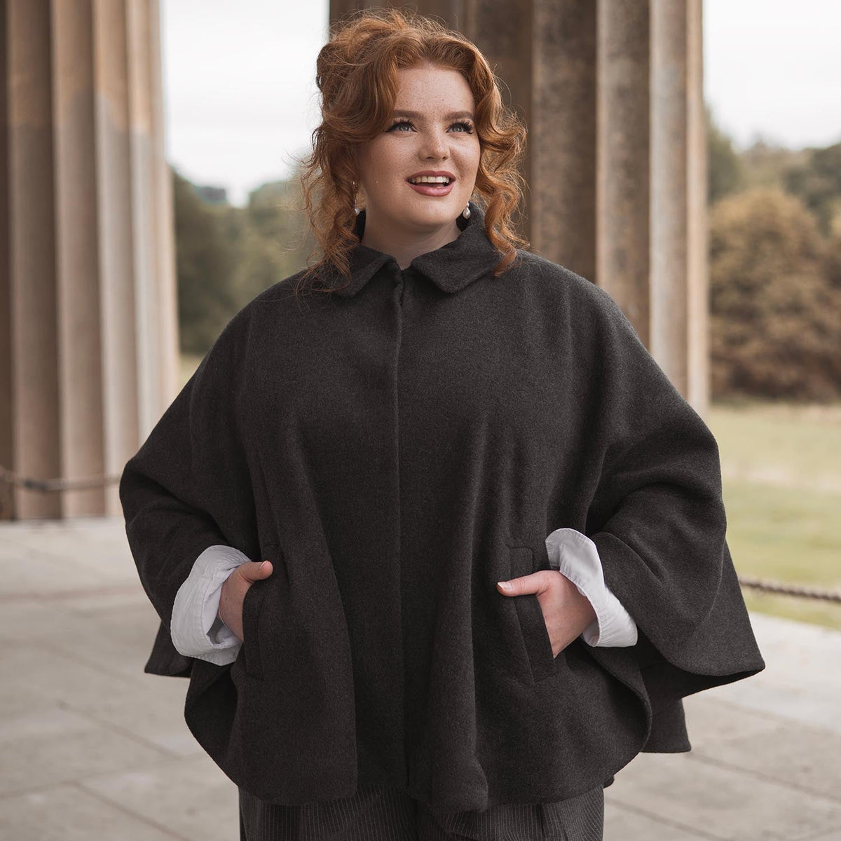 Wool Collared Cape - Charcoal