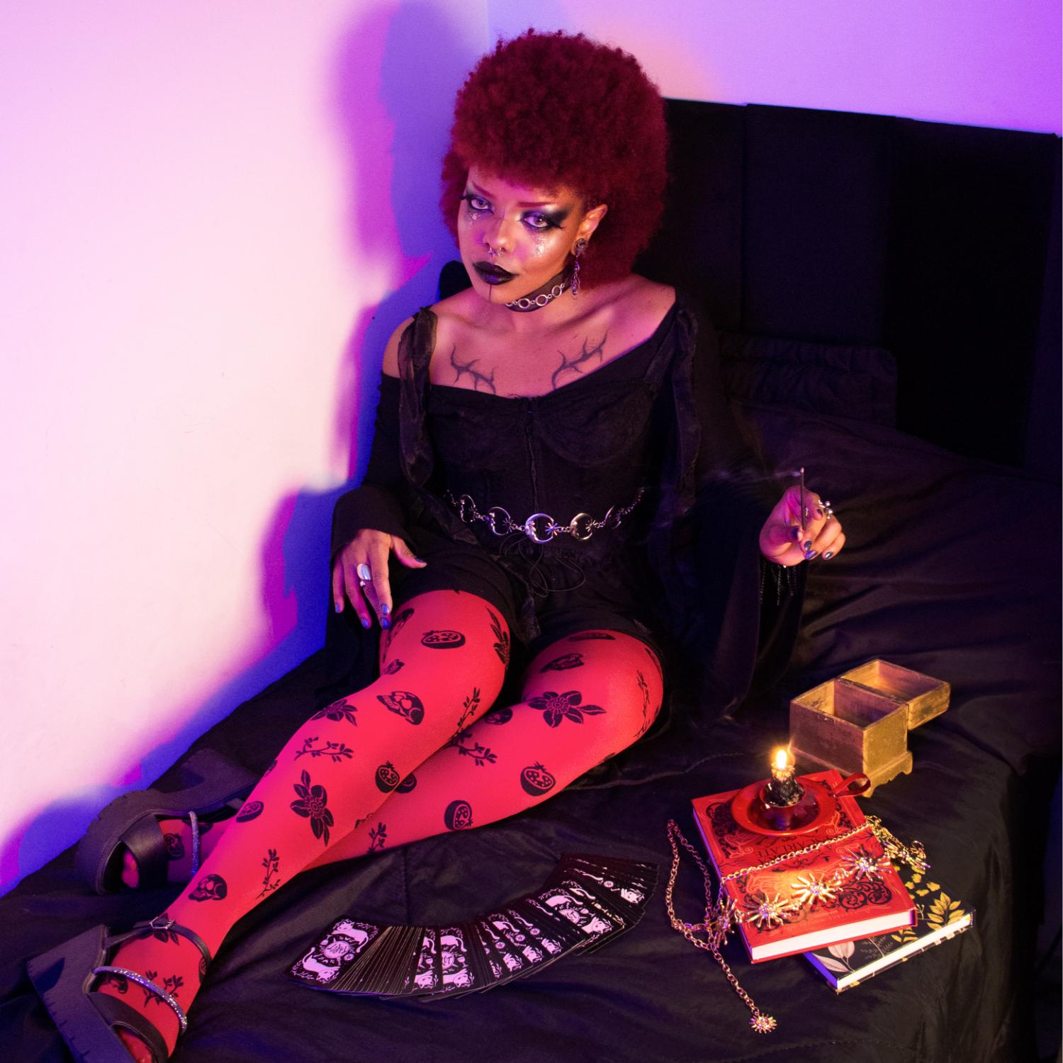 80 Denier Opaque Tights - Danu Skull Flower - Blood Red