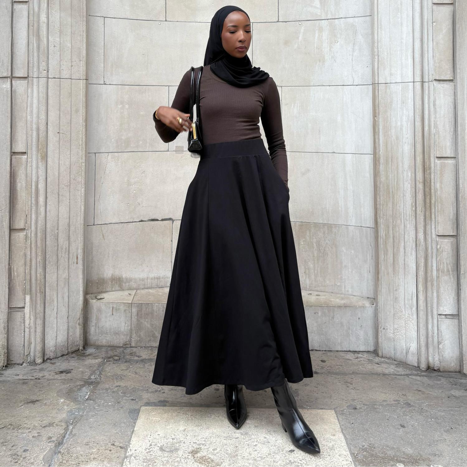 Cotton Jersey Maxi A-Line Skirt - Black