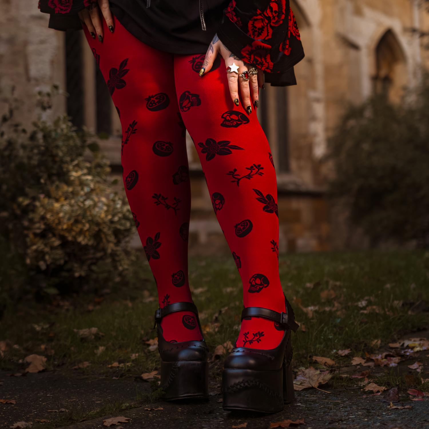 80 Denier Opaque Tights - Danu Skull Flower - Blood Red