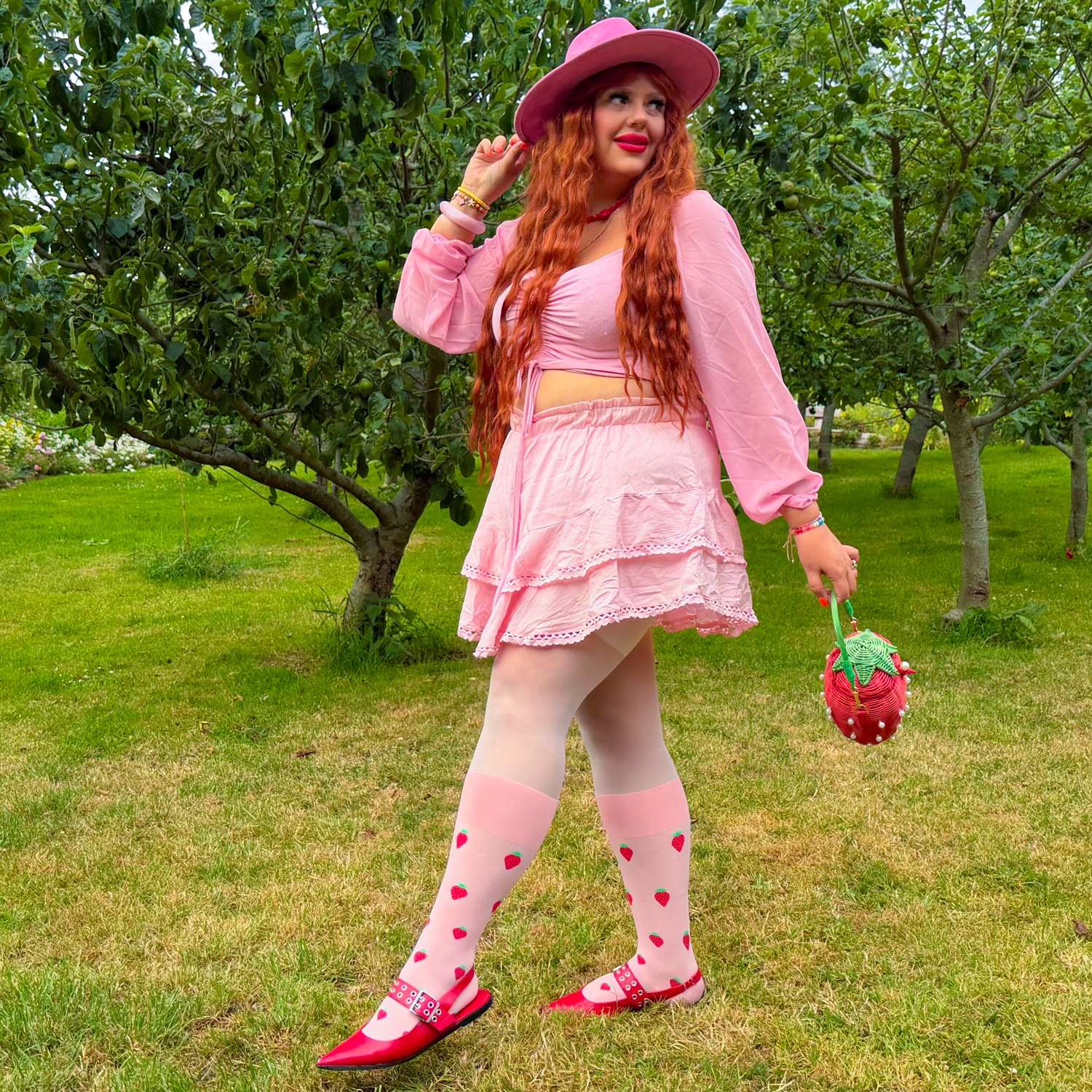 Strawberry Mock Sock Tights - Pink