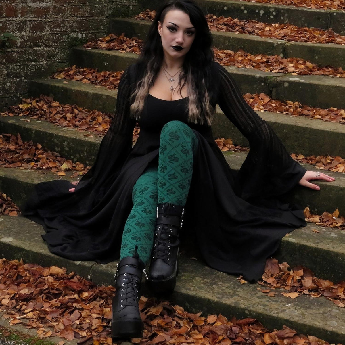 80 Denier Opaque Tights - Corra Snakes - Foliage Green
