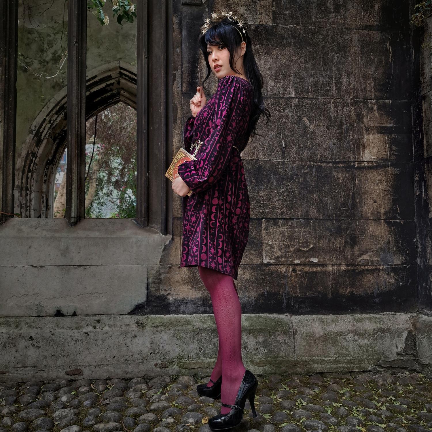 Printed Cotton Babydoll Dress - Moon Stars Pinstripe - Cherry