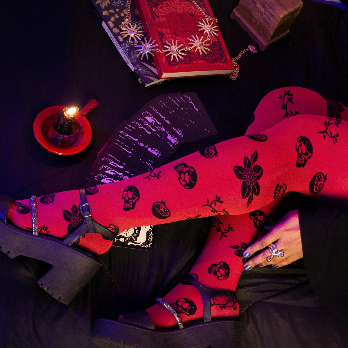 80 Denier Opaque Tights - Danu Skull Flower - Blood Red