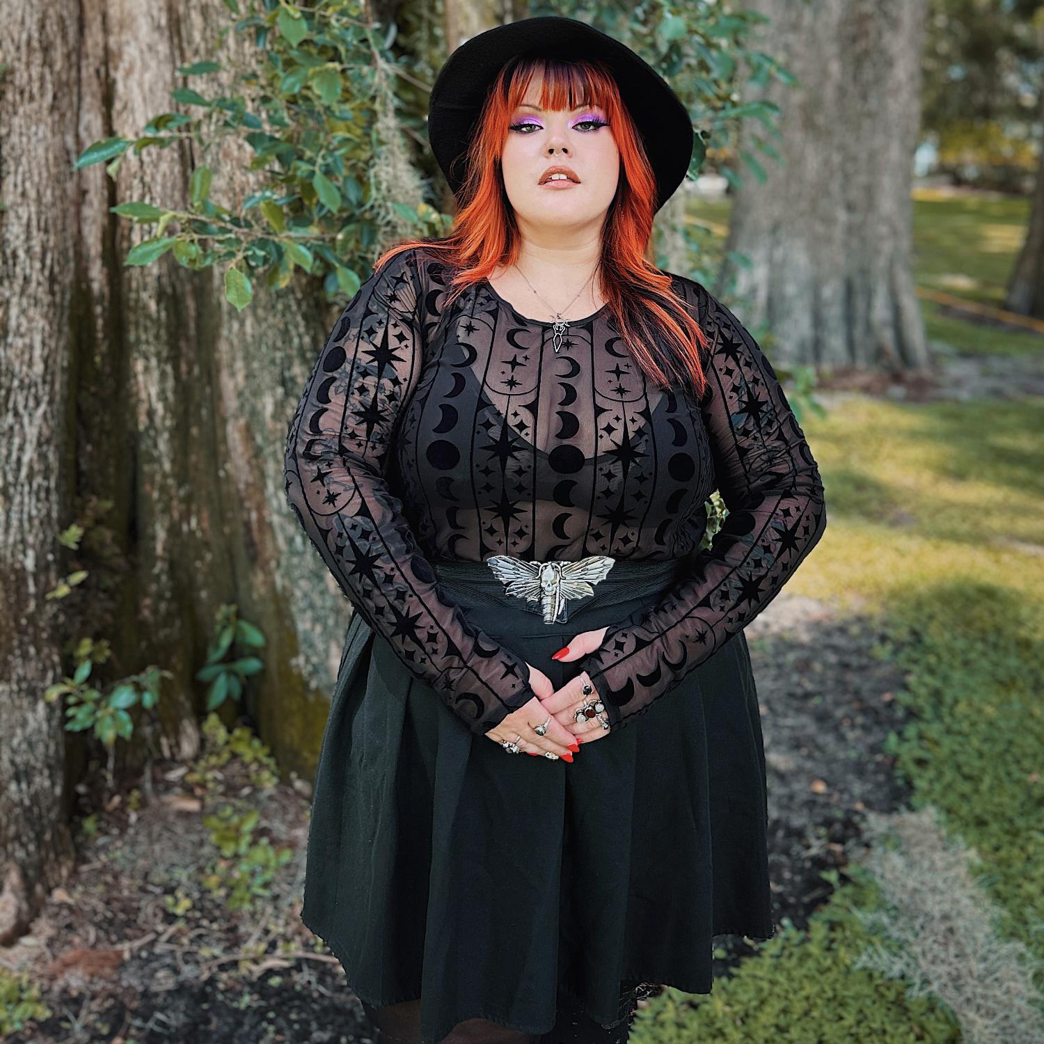 Flock Mesh Top - Moon Stars Pinstripe - Black